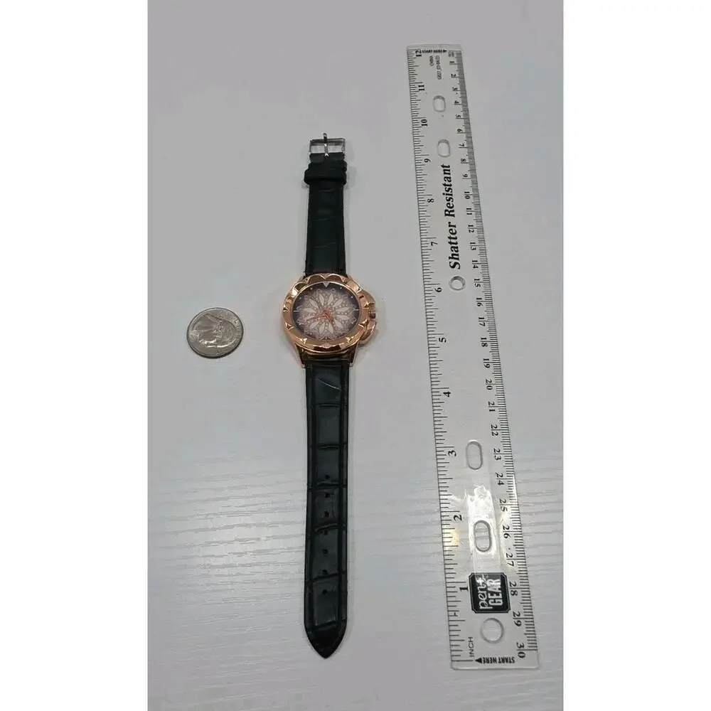 Rose Gold Star Pattern Womens Watch Black Faux Leather Band New Battery W332